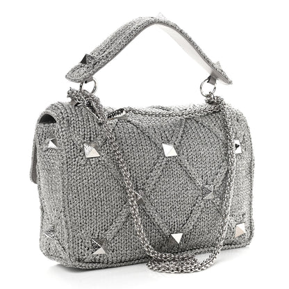 Valentino Garavani Metallic Lurex Knit Large Roman Stud Shoulder Bag Silver 3 of 9