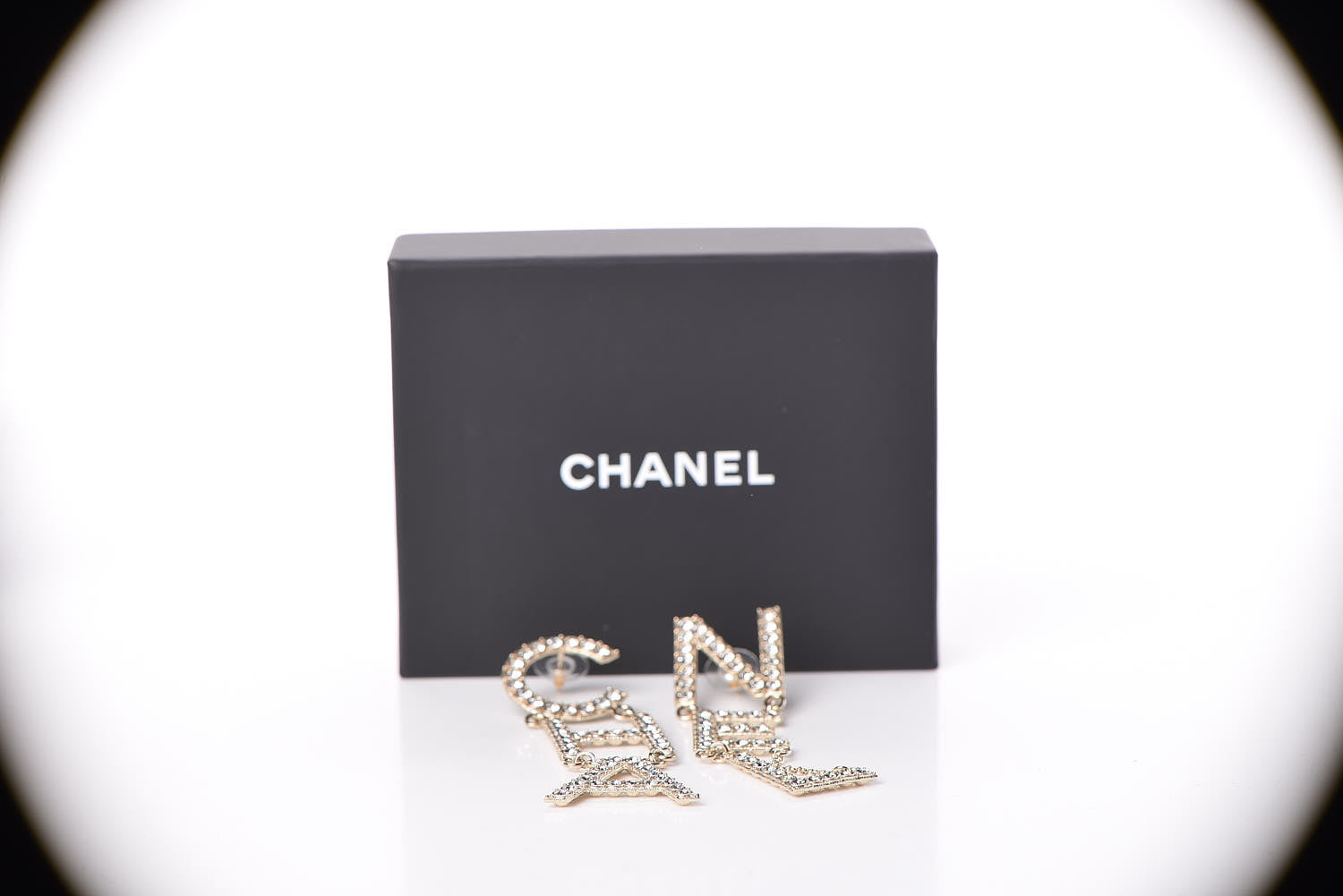 Chanel Crystal Cha-Nel Logo Drop Earrings Gold 5 of 5