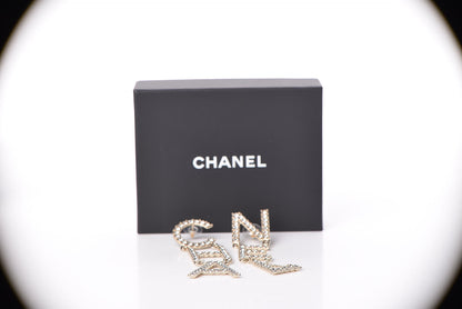 Chanel Crystal Cha-Nel Logo Drop Earrings Gold 5 of 5