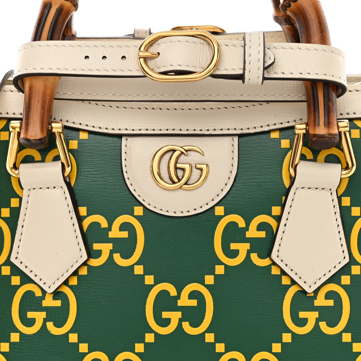 Gucci Azalea Calfskin GG Monogram Bi-Color Debossed Mini Diana Tote Bag Emerald Stone Topaz Mystic White 8 of 10