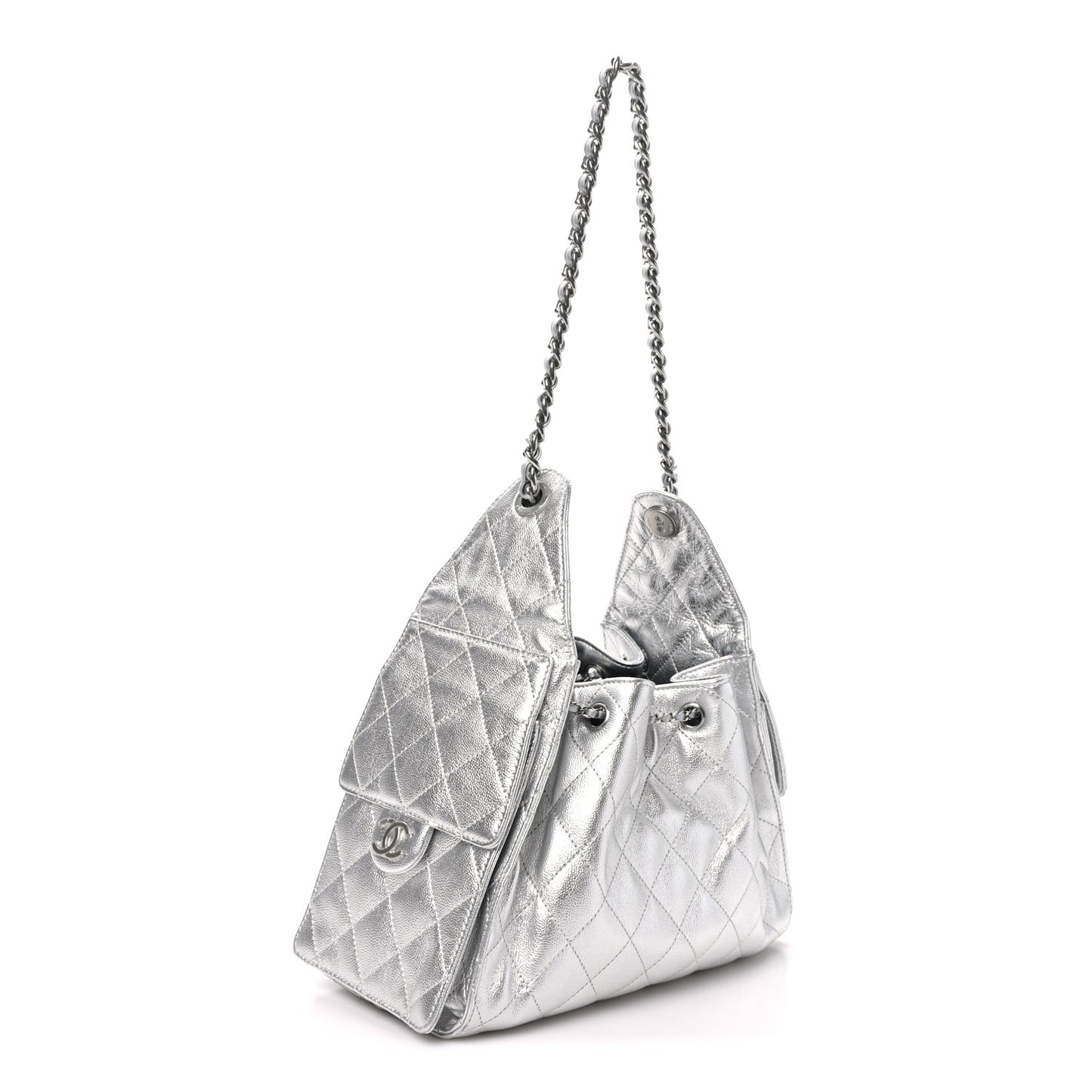 Metallic Caviar Quilted Small Chanel 25 Handbag Silver