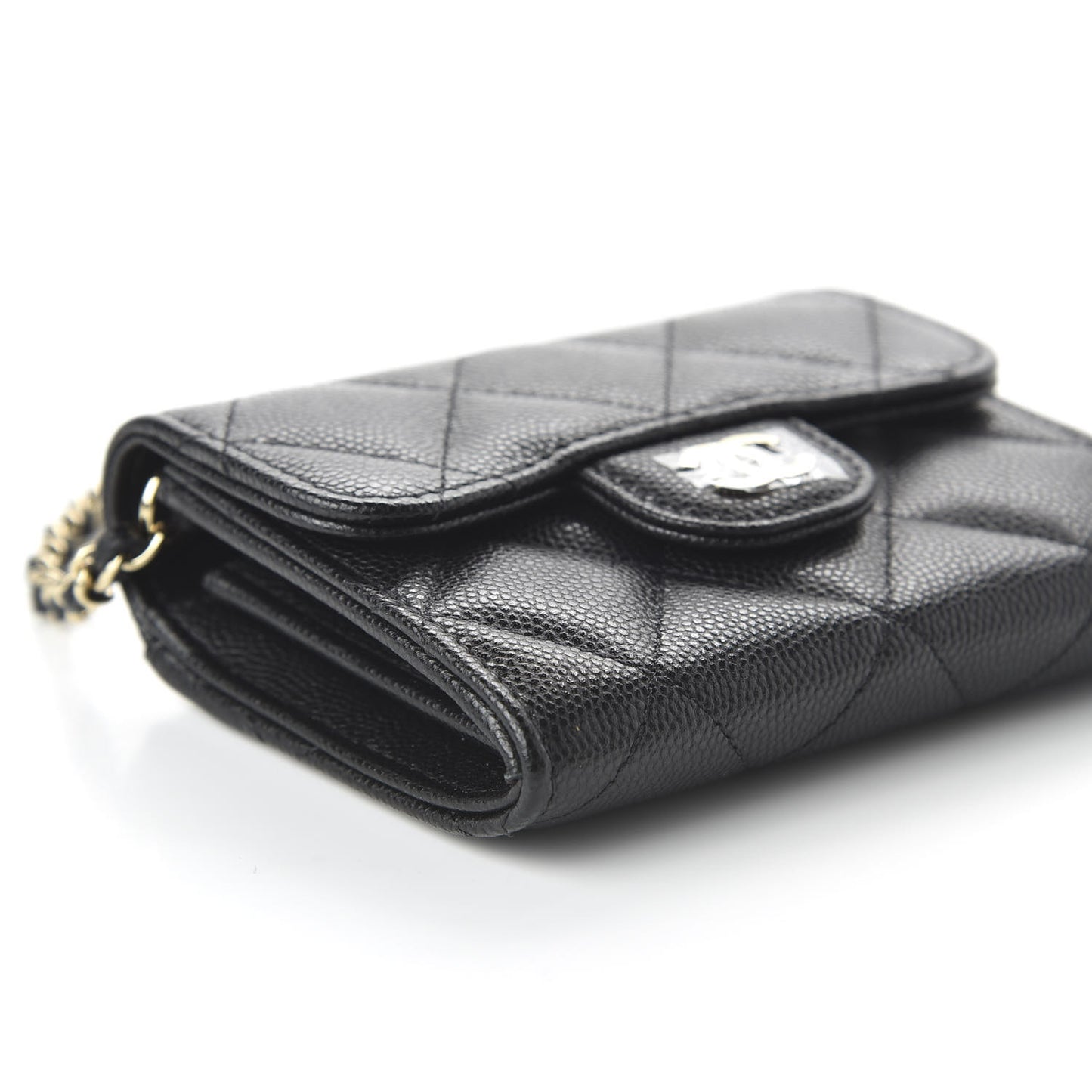 Caviar Quilted Flap Card Holder On Chain Black