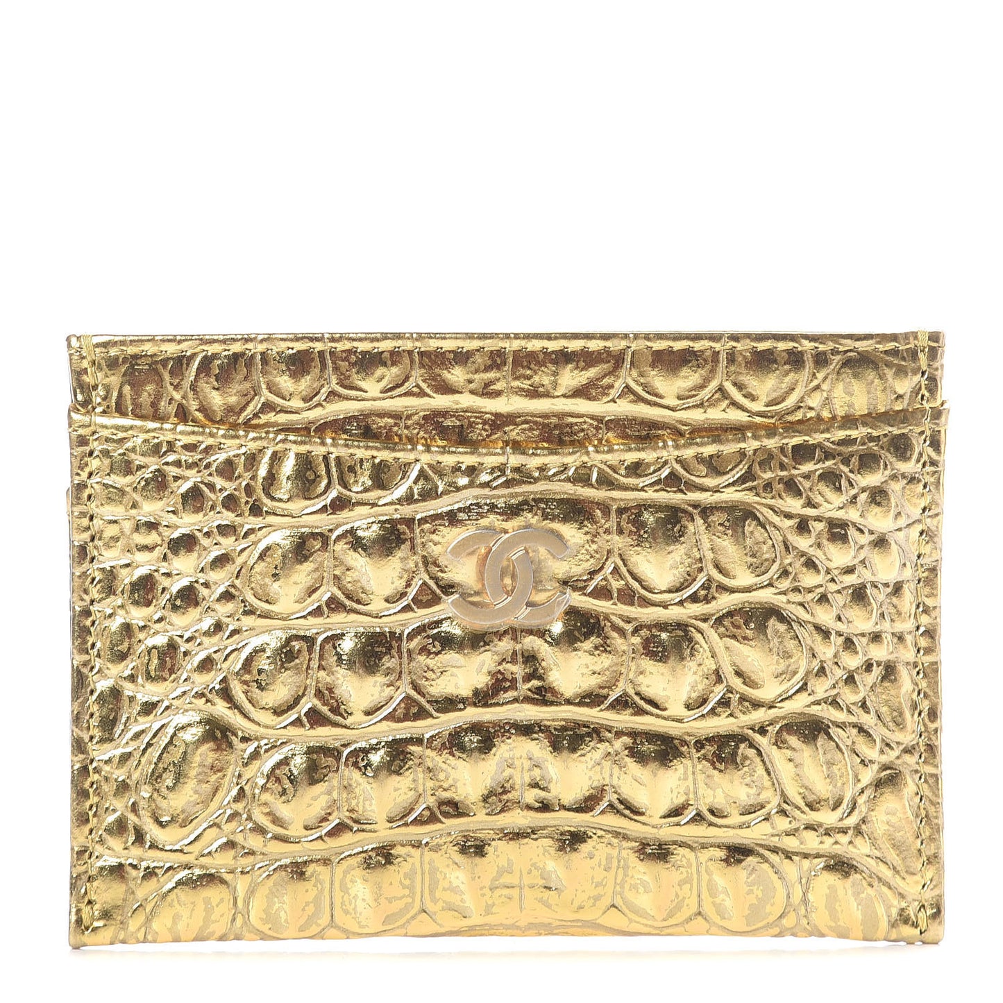 Metallic Calfskin Crocodile Embossed Cocodile Card Holder Gold