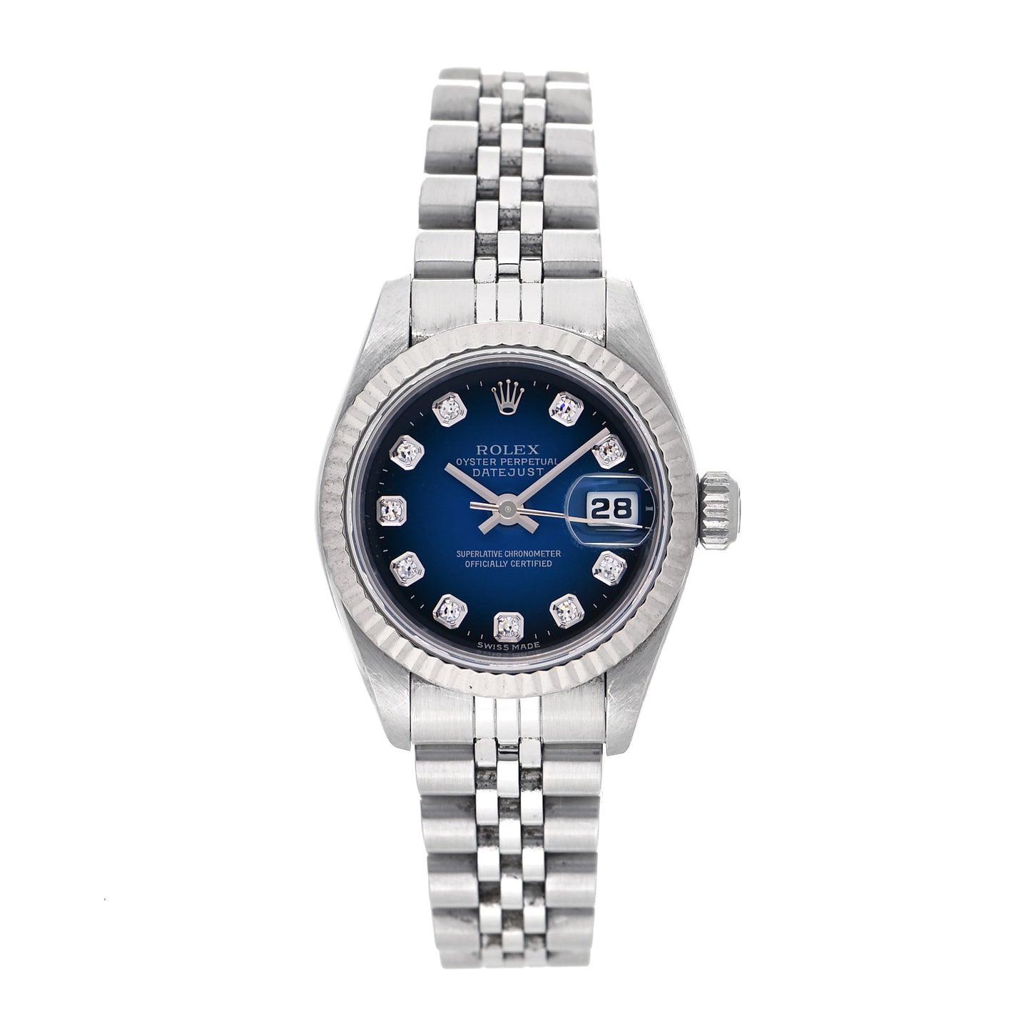 Stainless Steel 18K White Gold Diamond 26mm Oyster Perpetual Datejust Watch Blue Gradient 69174