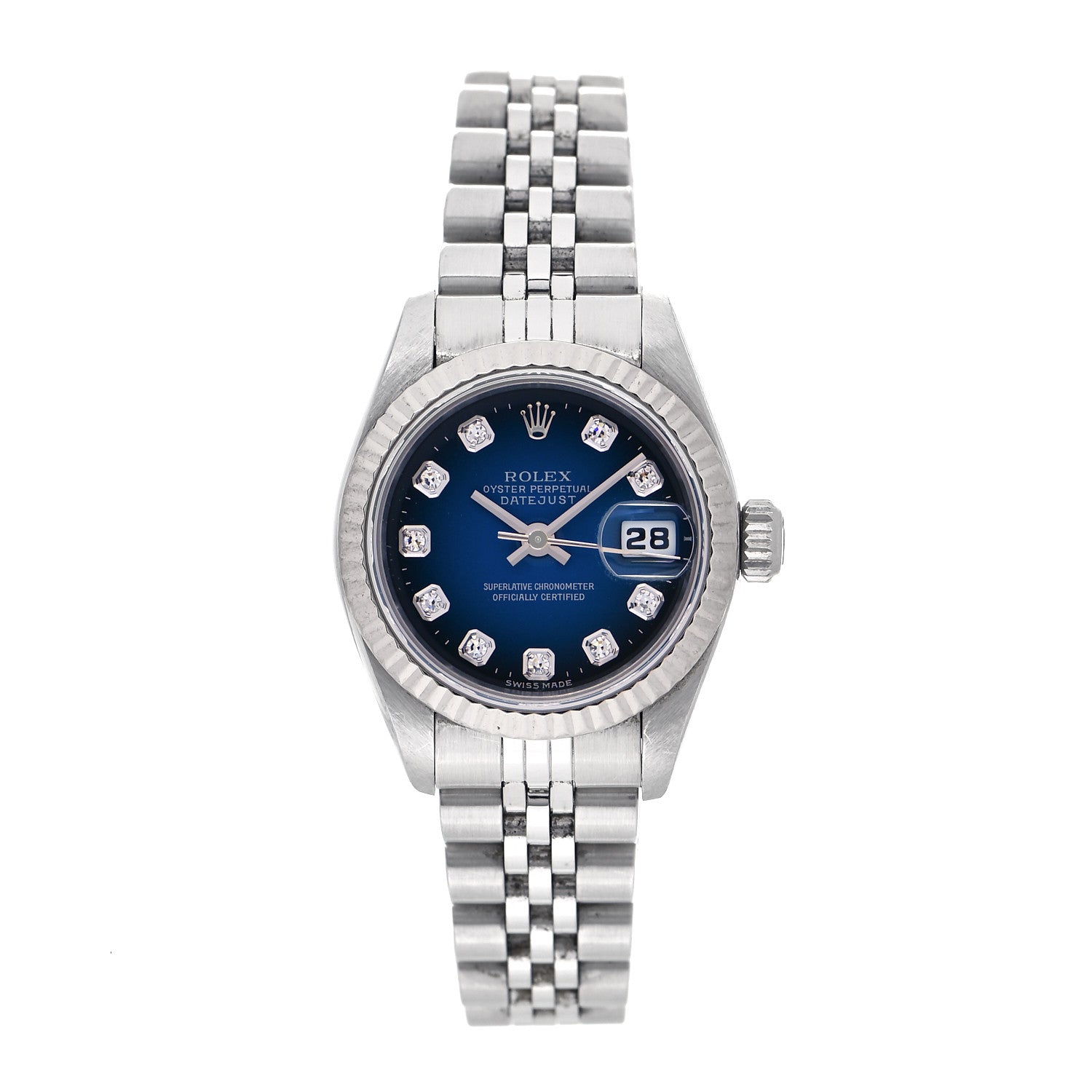 Rolex Stainless Steel 18K White Gold Diamond 26mm Oyster Perpetual Datejust Watch Blue Gradient 69174 1 of 4