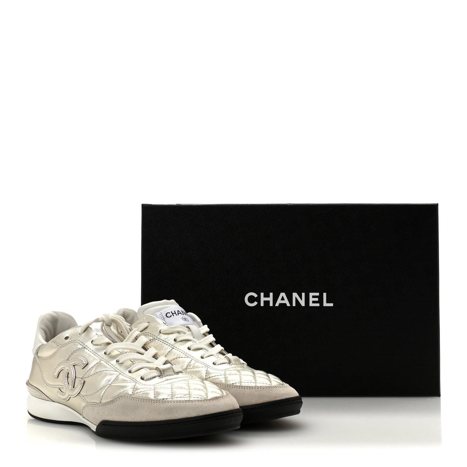 Chanel Laminated Calfskin Suede Quilted Womens CC Sneakers 39 Silver White Gray 10 of 10