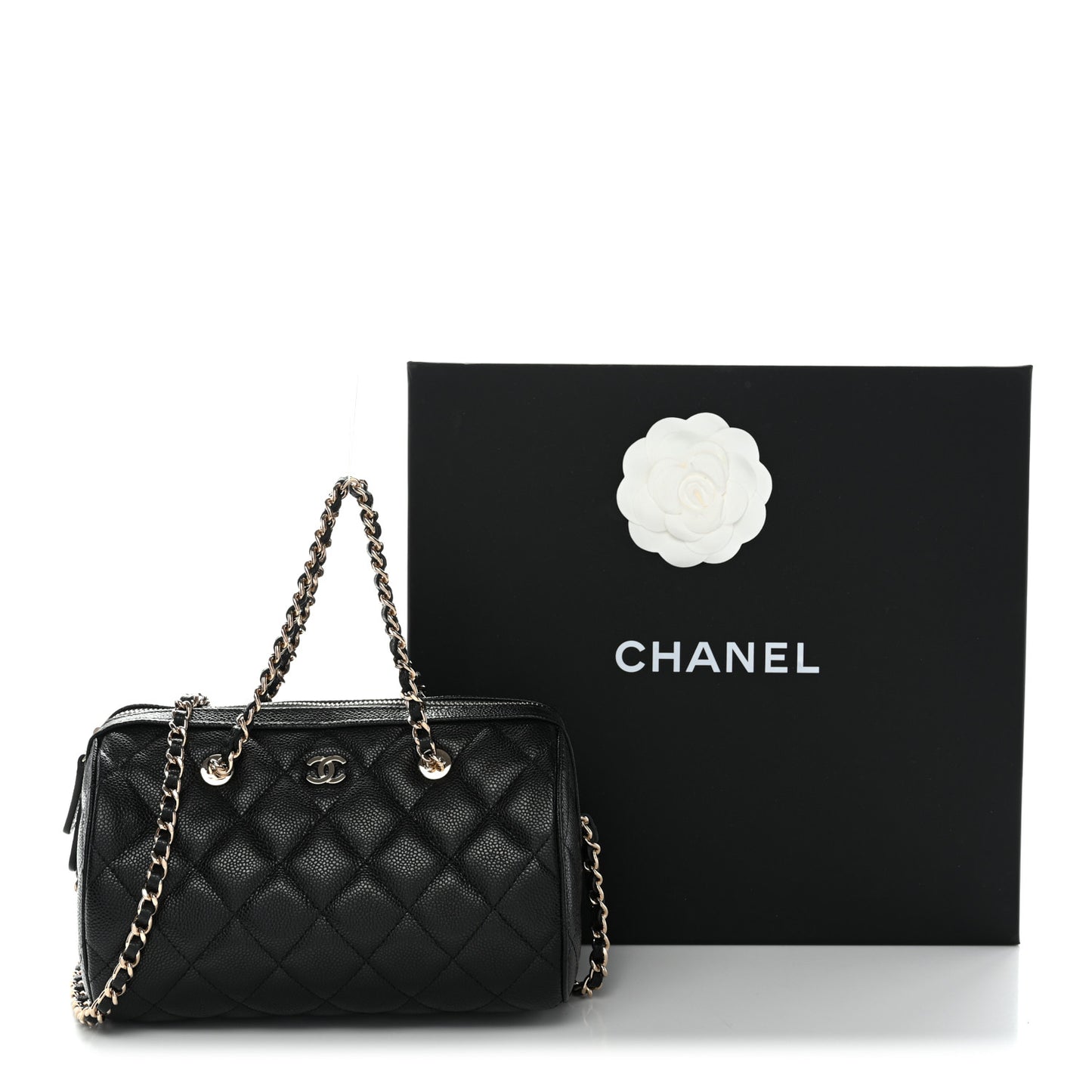 Caviar Quilted Barrel Clutch With Chain  Black