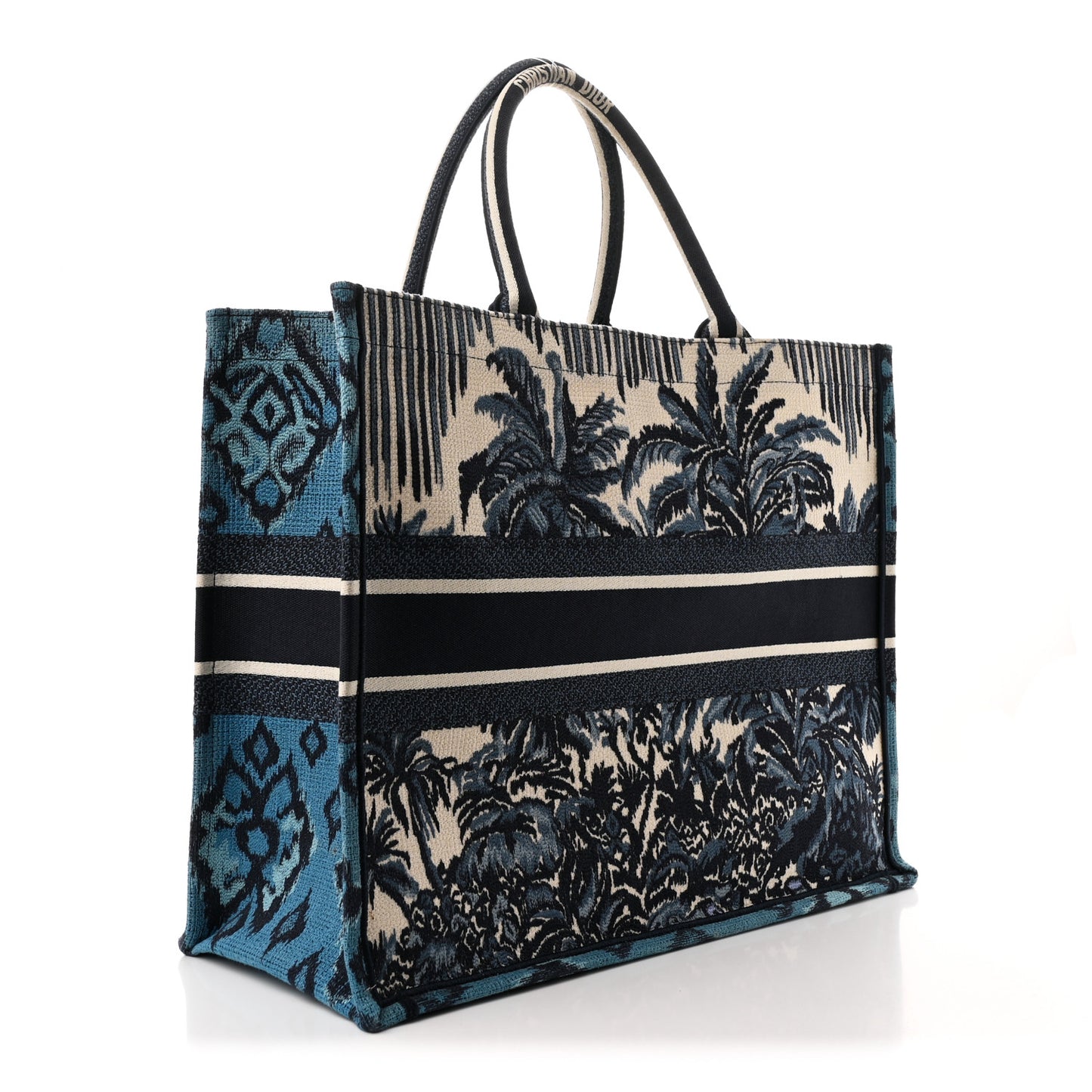 Canvas Embroidered Large Palm Tree Toile De Jouy Book Tote Blue Multicolor