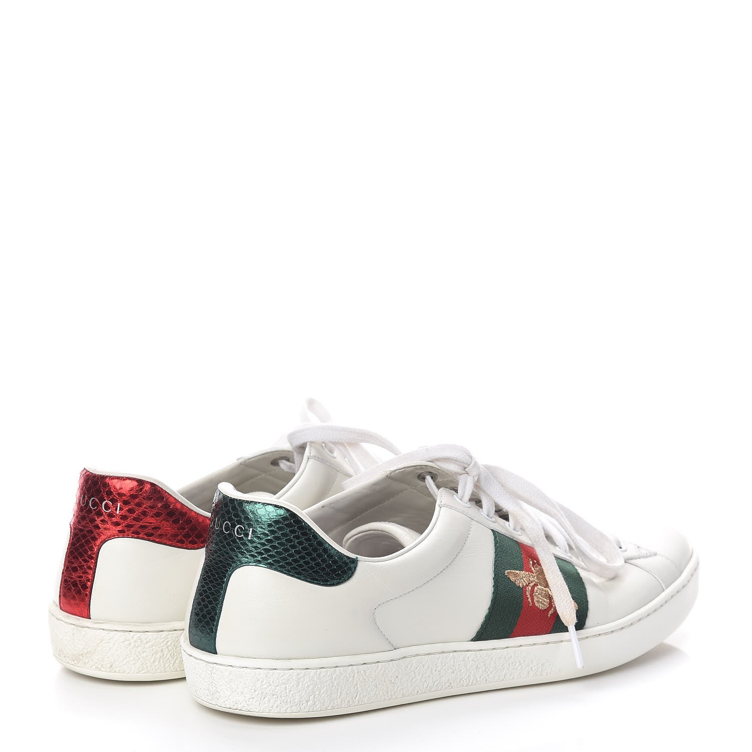 Gucci Miro Soft Calfskin Laminated Ayers Web Bee Embroidered Mens Ace Sneakers 9 White Red Flame Green 4 of 10