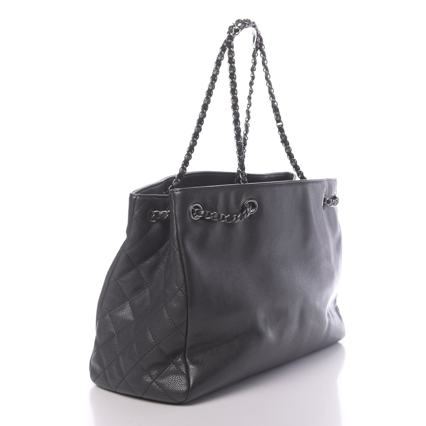 Metallic Grained Calfskin Woven Chain Large Shopping Bag Black