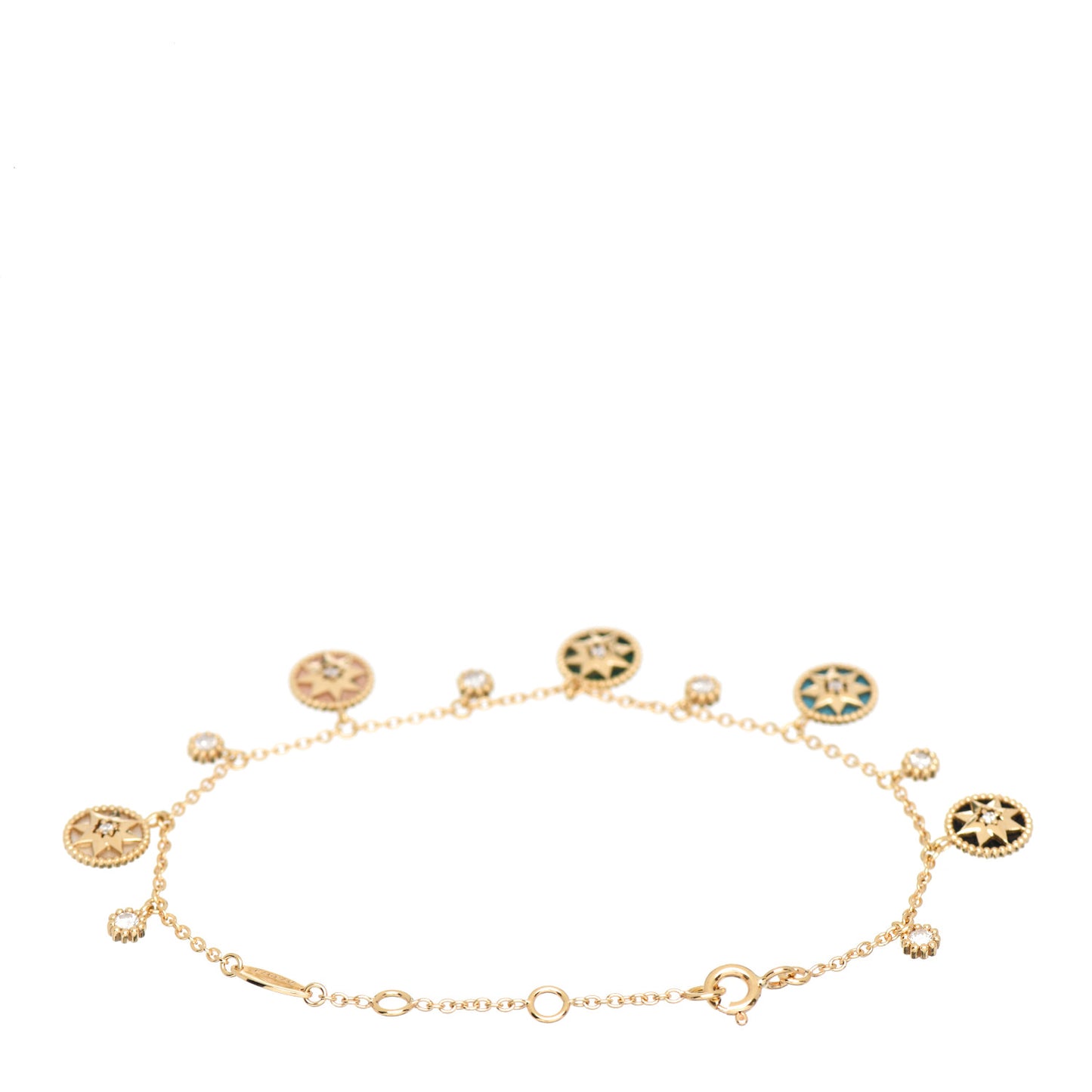 18K Yellow Gold Diamond Mother of Pearl Multi Gemstone Rose Des Vents Charm Bracelet