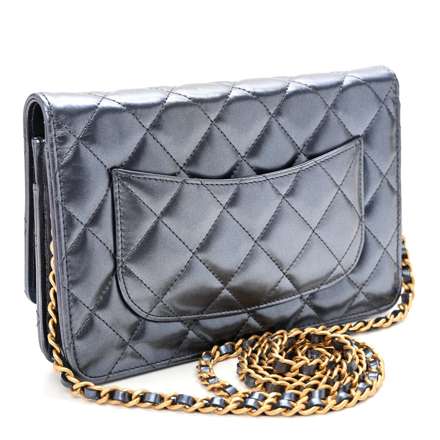 Chanel Metallic Calfskin Quilted Wallet On Chain WOC Navy Blue 3 of 12
