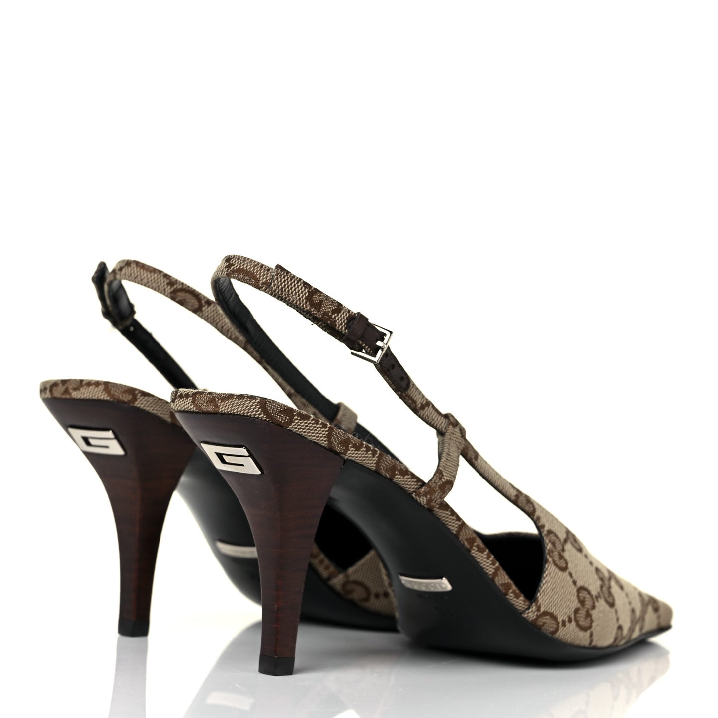 Monogram Malga Kid Square G 75mm Slingback Pumps 38 Beige Ebony New Acero