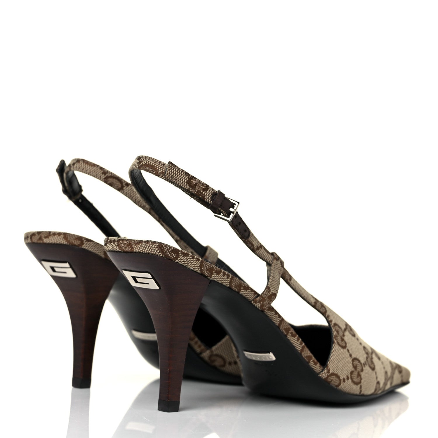 Gucci Monogram Malga Kid Square G 75mm Slingback Pumps 38 Beige Ebony New Acero 4 of 9