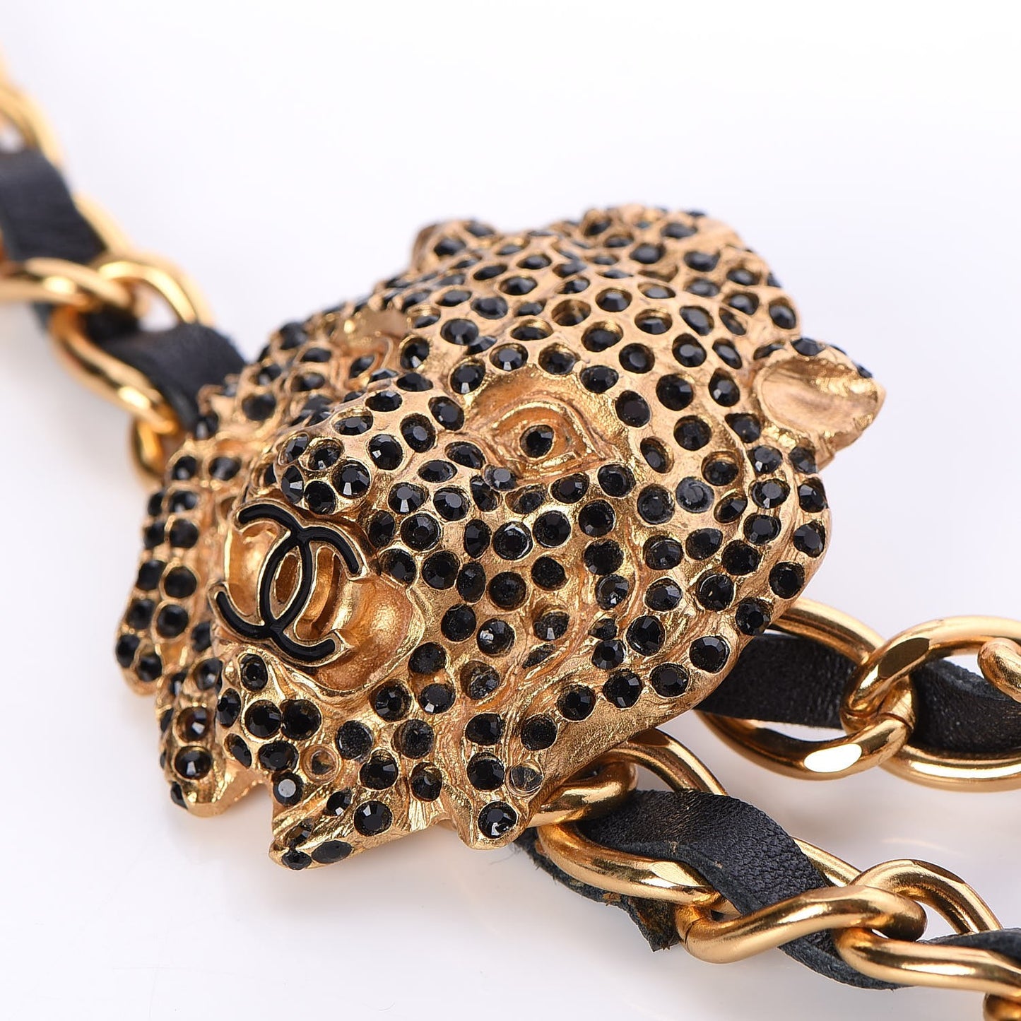 CHANE Lambskin Crystal Lion Chain Belt Gold