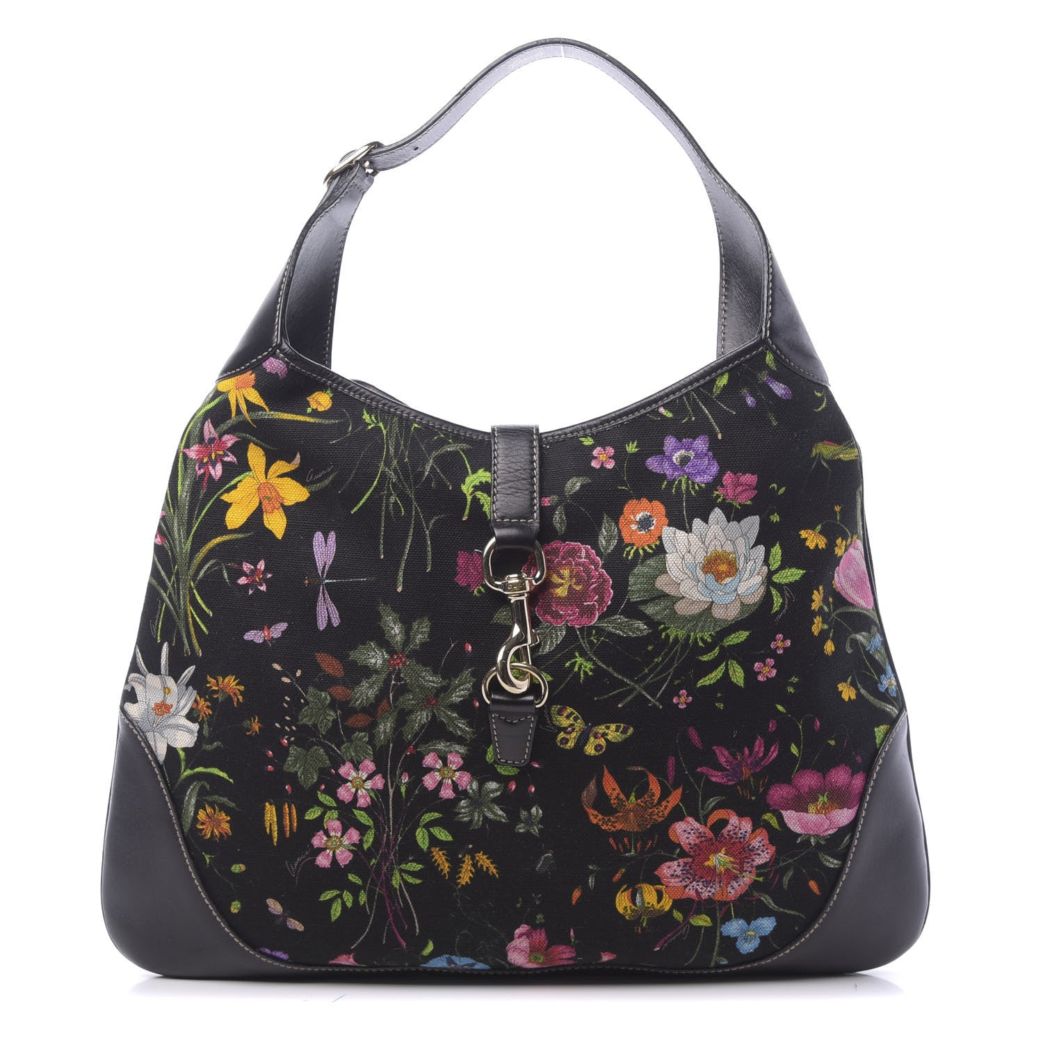 Gucci Canvas Floral Flora Large Jackie O Bouvier Hobo Black 1 of 10