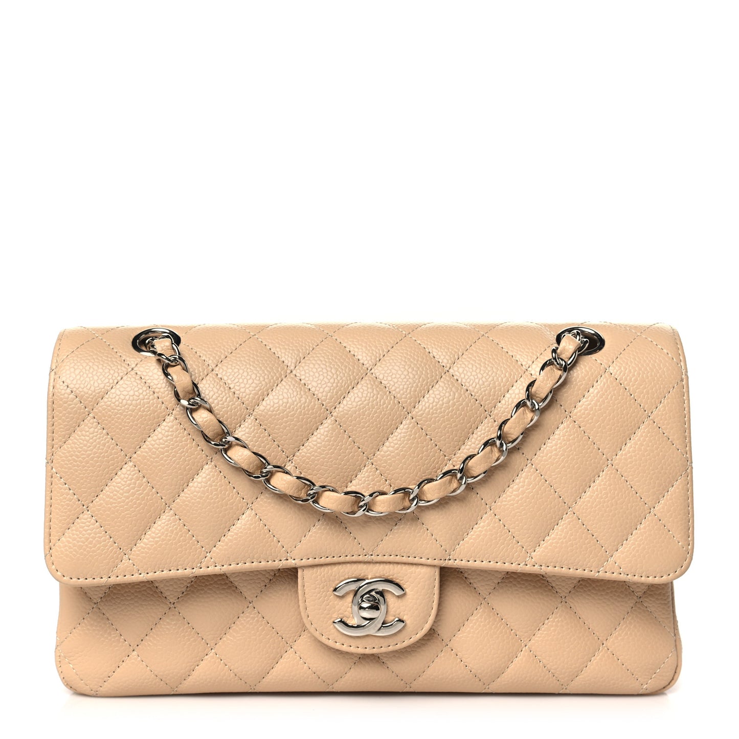 Caviar Quilted Medium Double Flap Beige