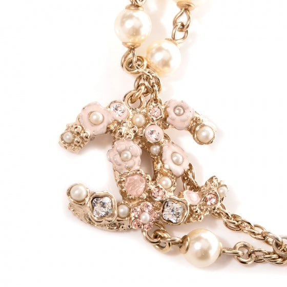 Crystal Pearl Enamel Camellia CC Long Necklace Gold