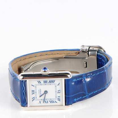 Cartier Sterling Silver Alligator 20mm Must de Cartier Tank Quartz Watch Blue 5 of 10