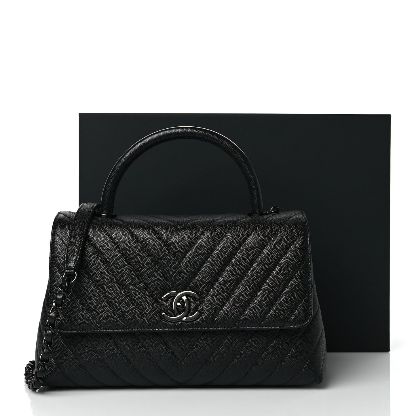Caviar Chevron Quilted Small Coco Handle Flap So Black