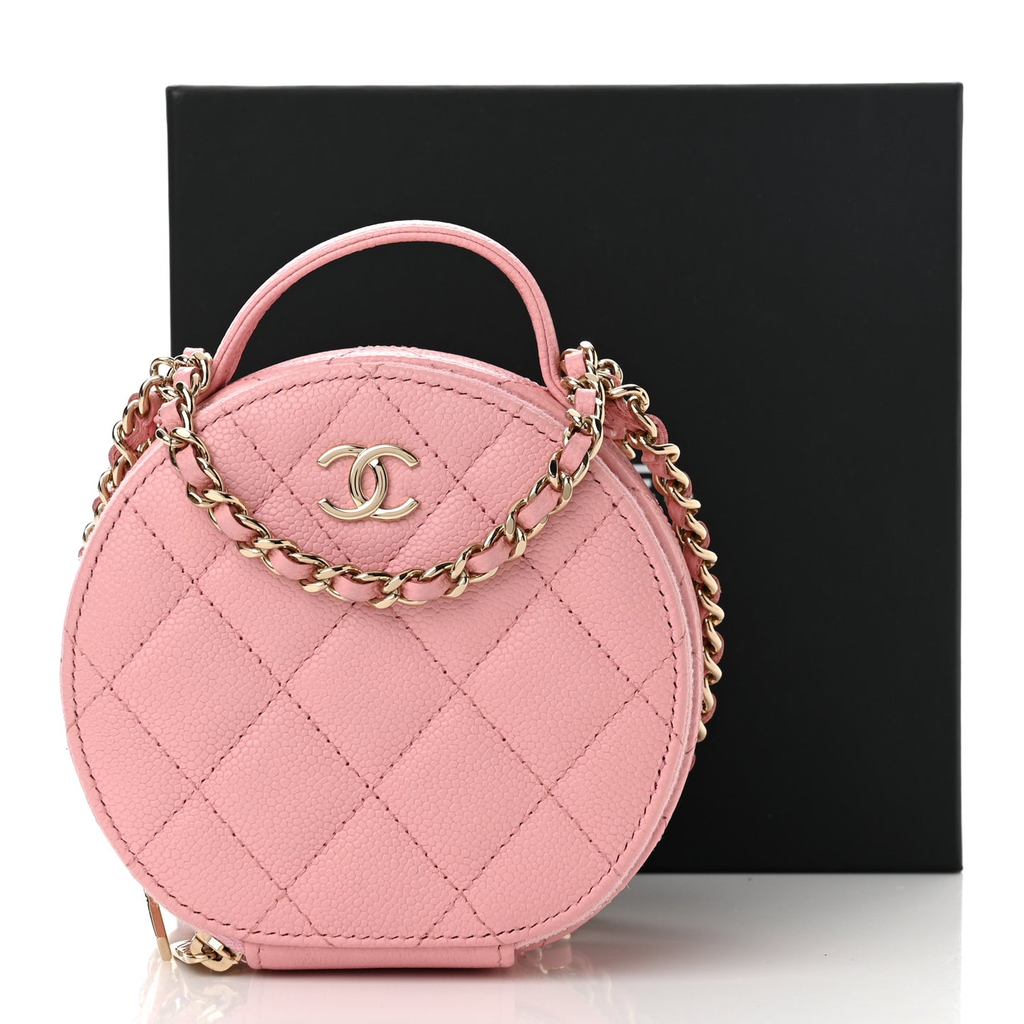 Caviar Quilted Round Handle With Care Vanity With Chain Pink