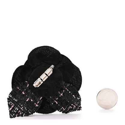 Chanel Tweed Camellia Pin Brooch Black Pink 2 of 3