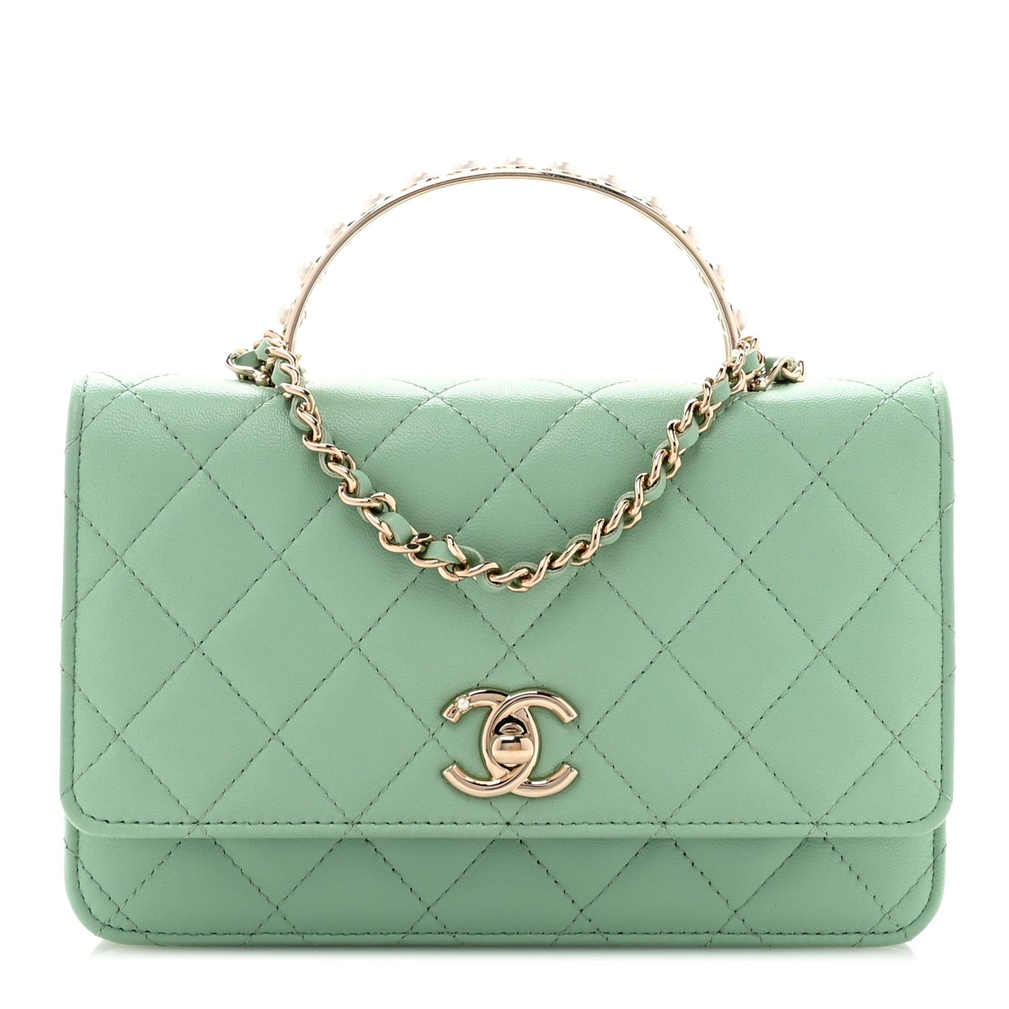 Lambskin Quilted Pearl Top Handle Wallet On Chain WOC Light Green