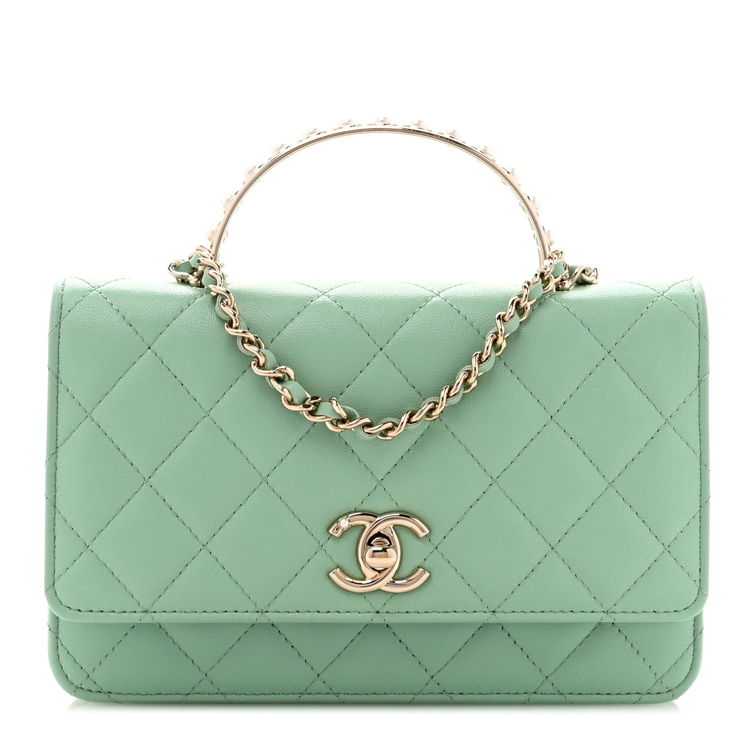 Chanel Lambskin Quilted Pearl Top Handle Wallet On Chain WOC Light Green 1 of 11
