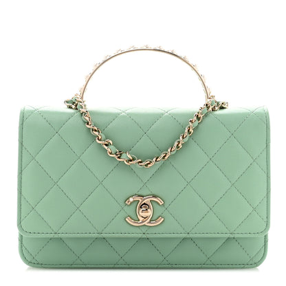 Chanel Lambskin Quilted Pearl Top Handle Wallet On Chain WOC Light Green 1 of 11
