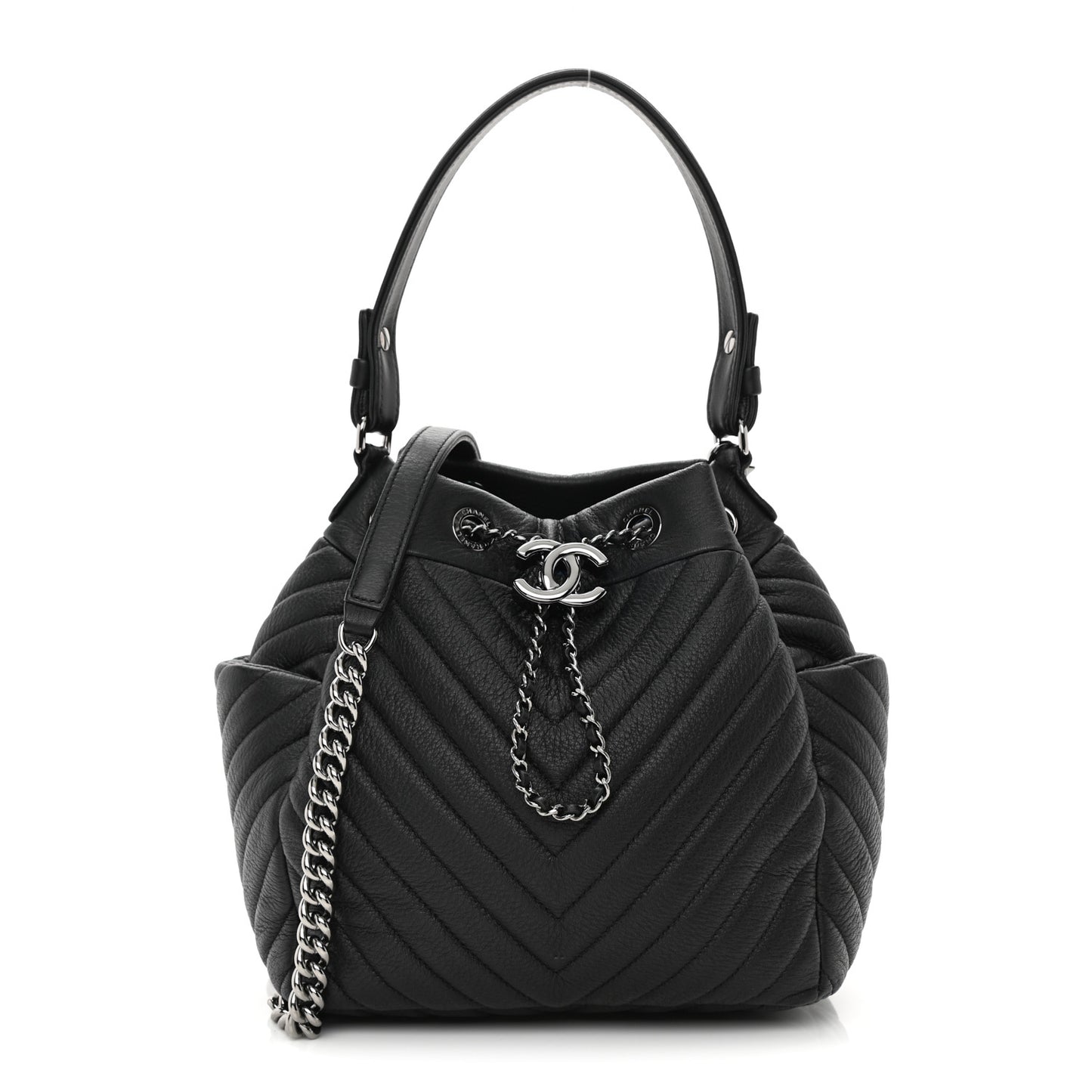 Deerskin Chevron Small CC Chain Bucket Drawstring Bag Black