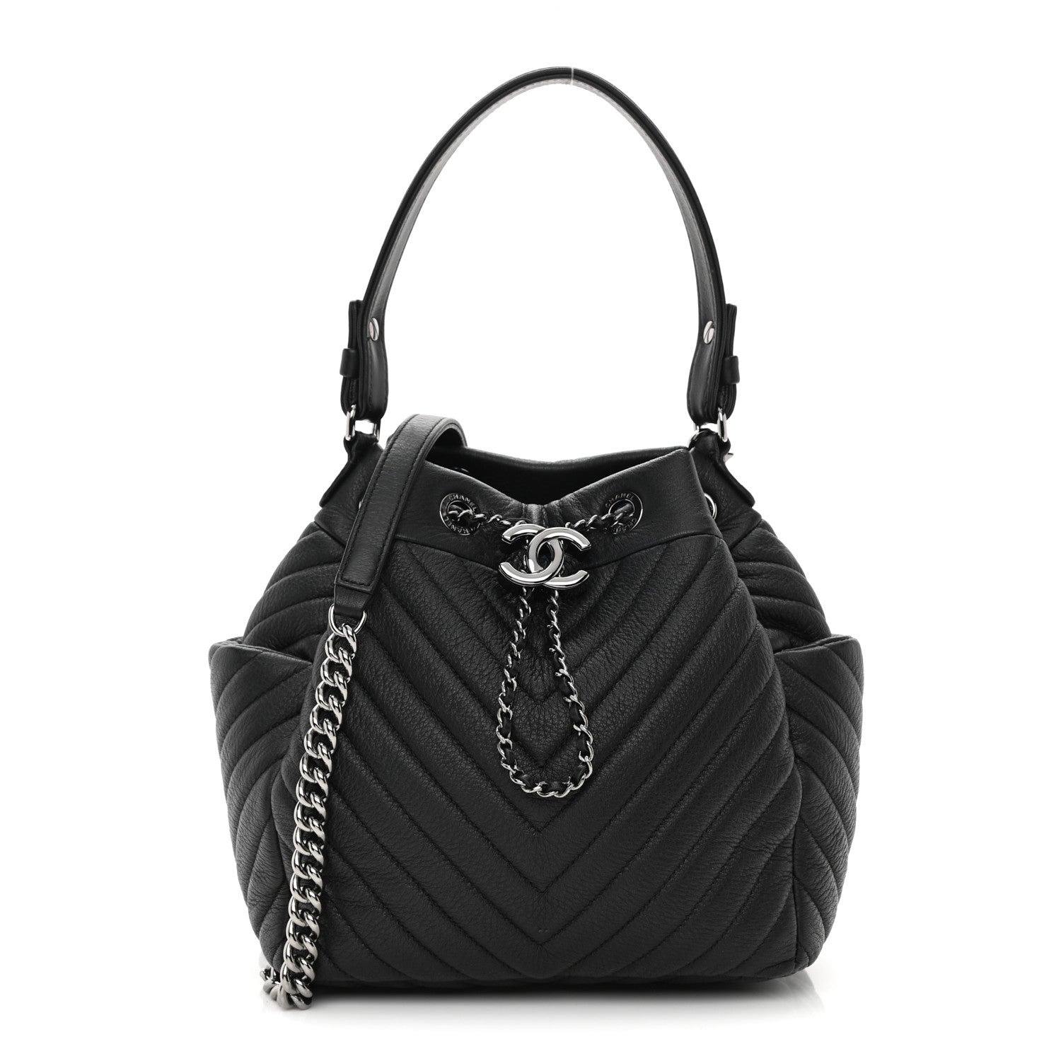 Chanel Deerskin Chevron Small CC Chain Bucket Drawstring Bag Black 1 of 10