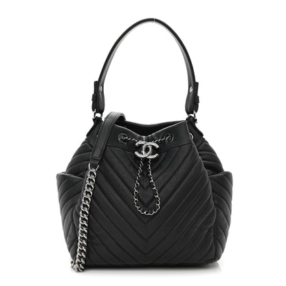 Chanel Deerskin Chevron Small CC Chain Bucket Drawstring Bag Black 1 of 10