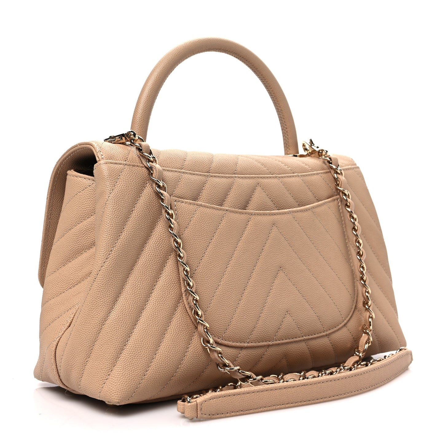 Caviar Chevron Quilted Small Coco Handle Flap Beige