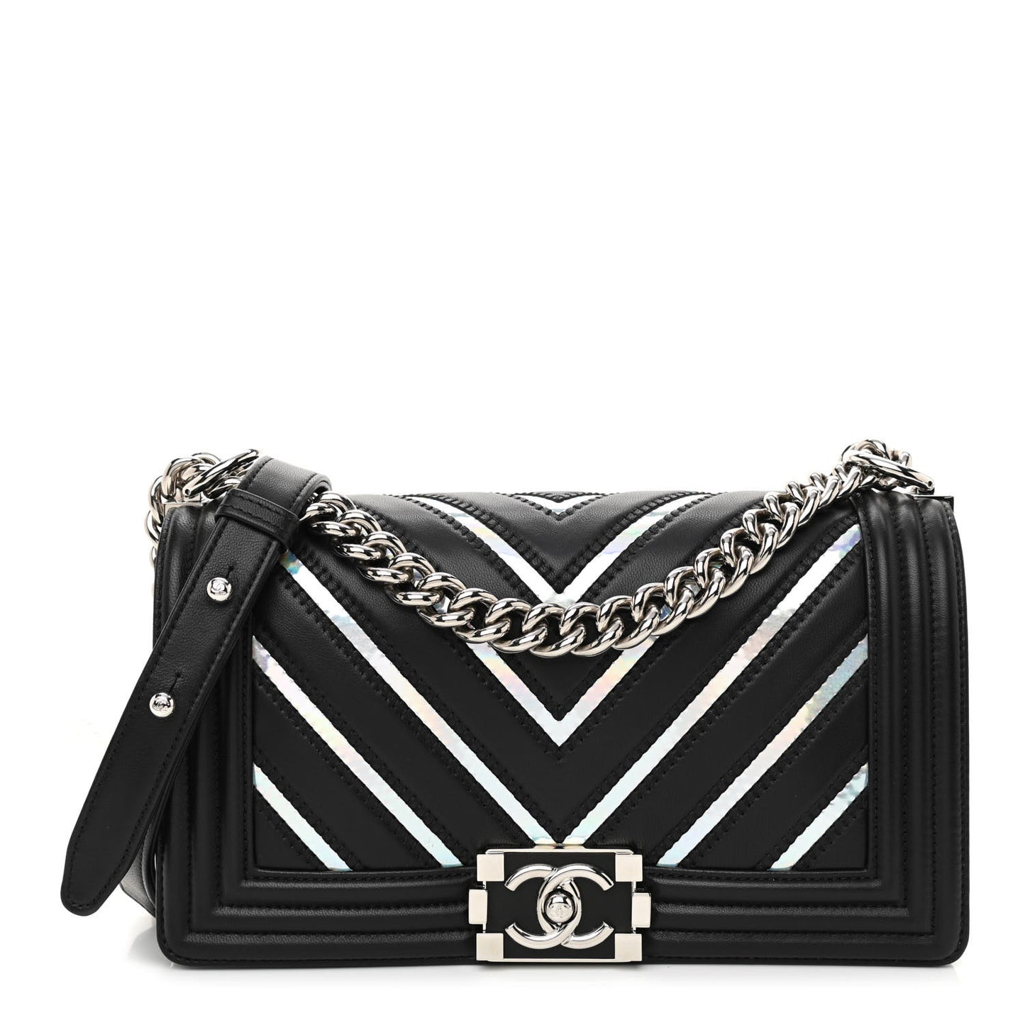 Lambskin Iridescent PVC Chevron Quilted Medium Boy Flap Black Silver