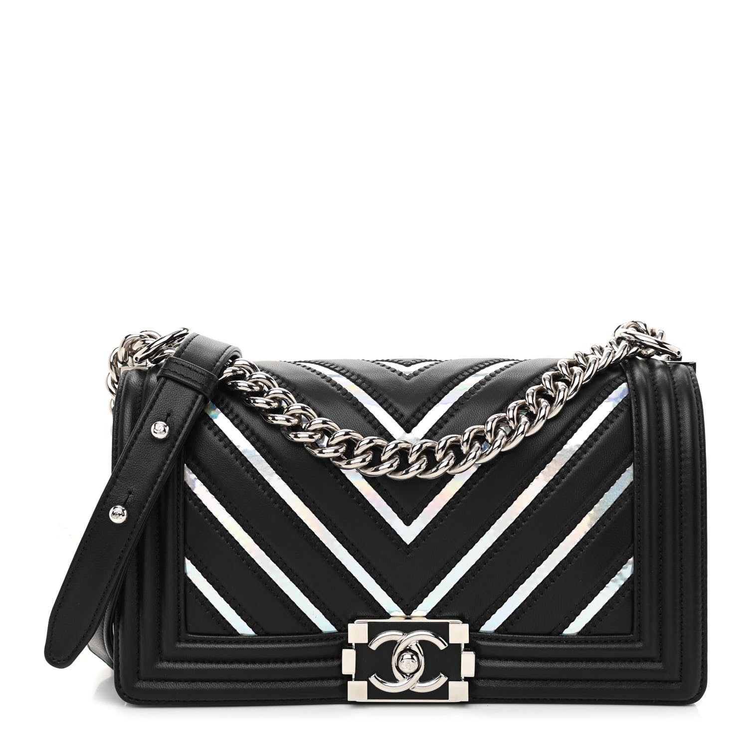Chanel Lambskin Iridescent PVC Chevron Quilted Medium Boy Flap Black Silver 1 of 11