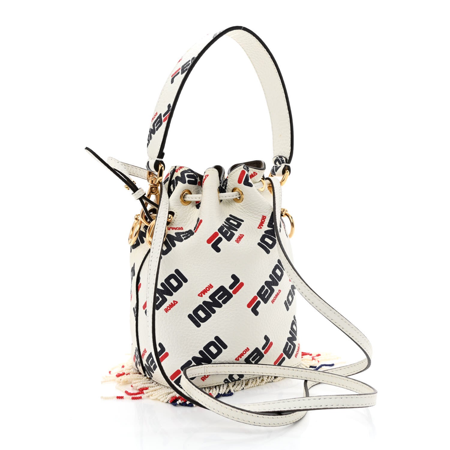 Fendi X FILA Calfskin F is Fendi Mania Fringe Mini Mon Tresor Bucket Bag White 3 of 13