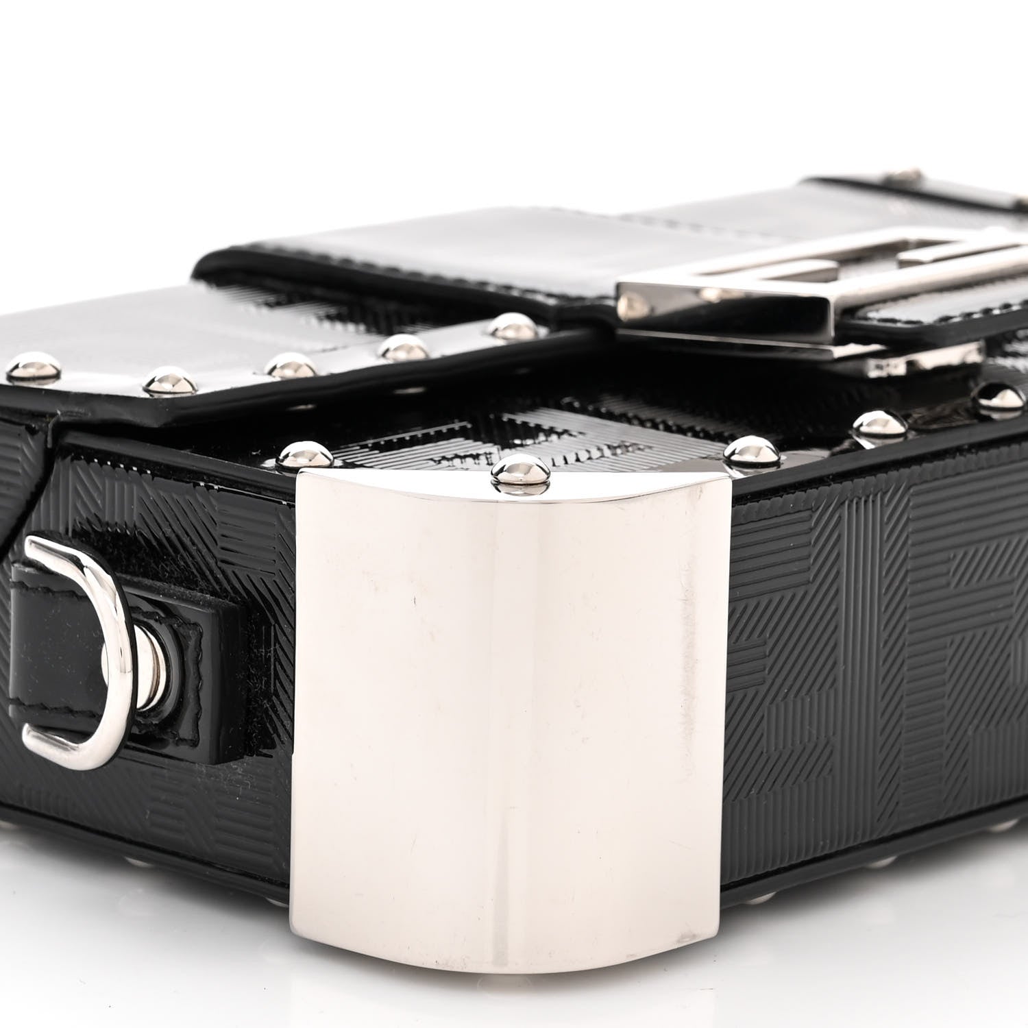 Fendi Vitello King Patent FF Lines Embossed Studded Mini Baguette Trunk Black 9 of 10