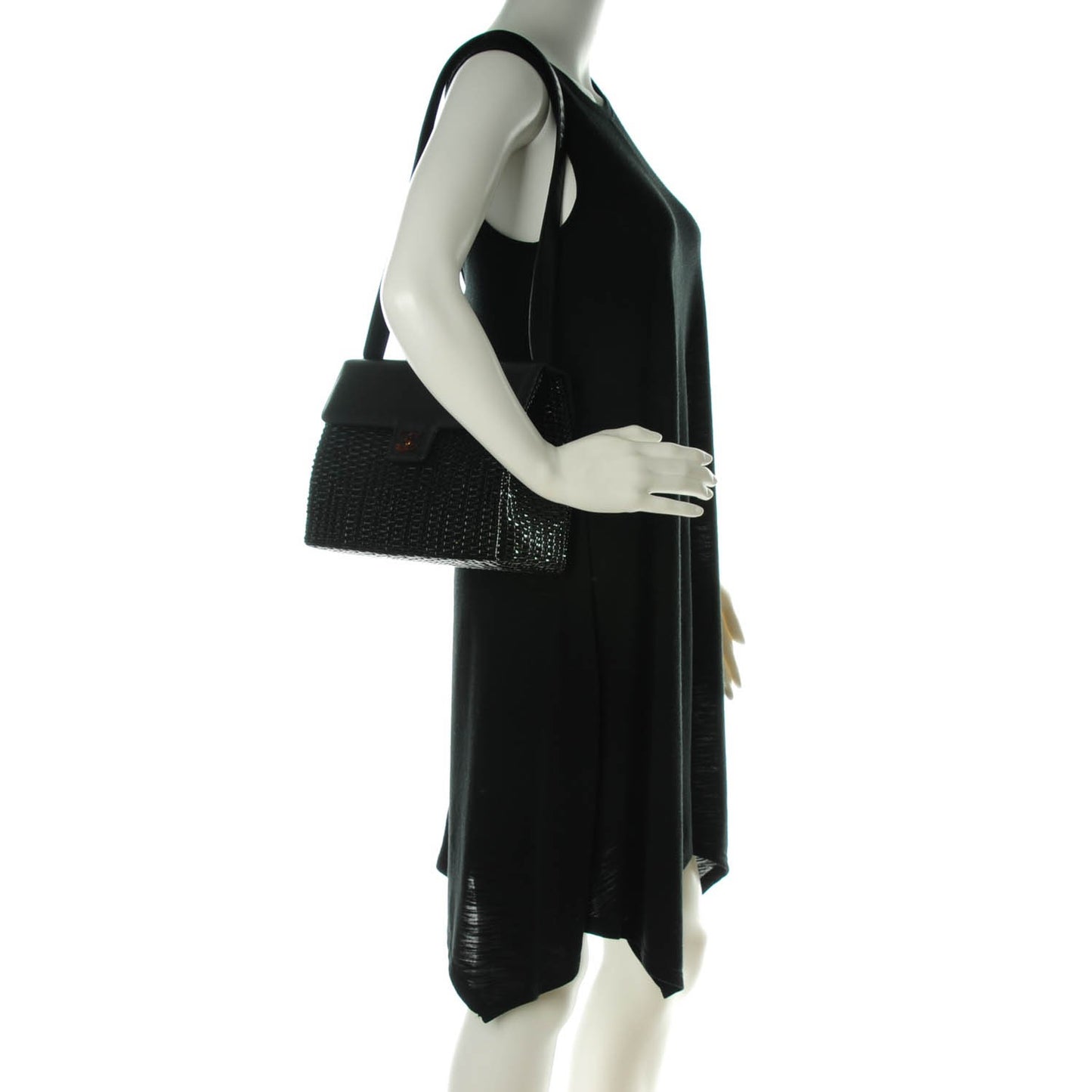 Lambskin Straw Basket Shoulder Bag Black