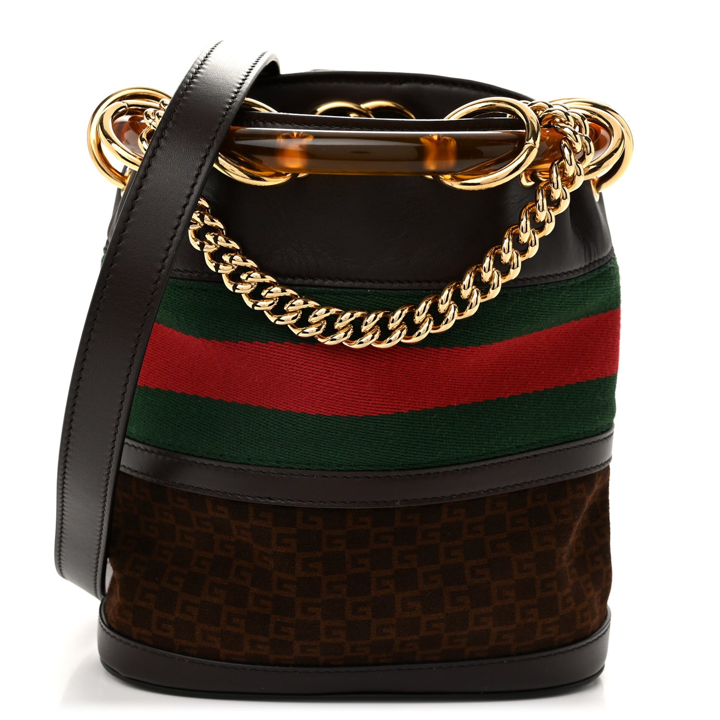 Suede Calfskin Web G Logo Bucket Bag Dark Brown