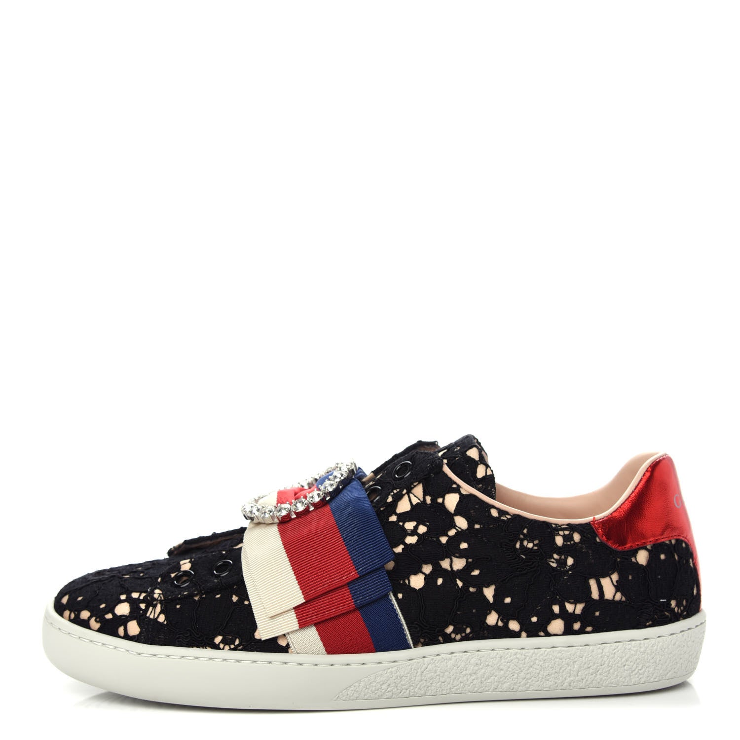 Gucci Lace Crystal Sylvie Web Flower Leaf Womens Ace Sneakers 36 Black Tan Beige 1 of 12