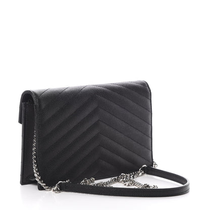 Saint Laurent Grain De Poudre Matelasse Chevron Monogram Envelope Chain Wallet Black 3 of 11