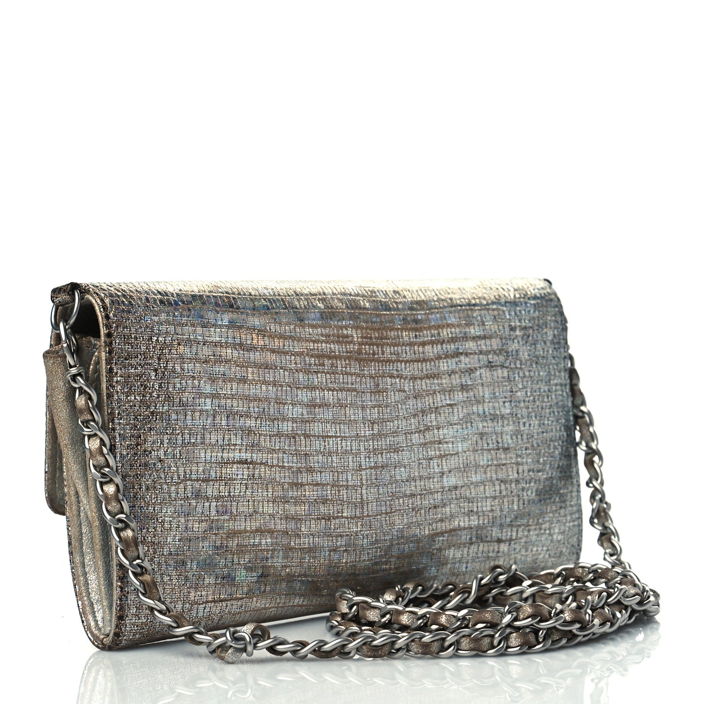 Iridescent Lizard Wallet With Removable Chain Silver