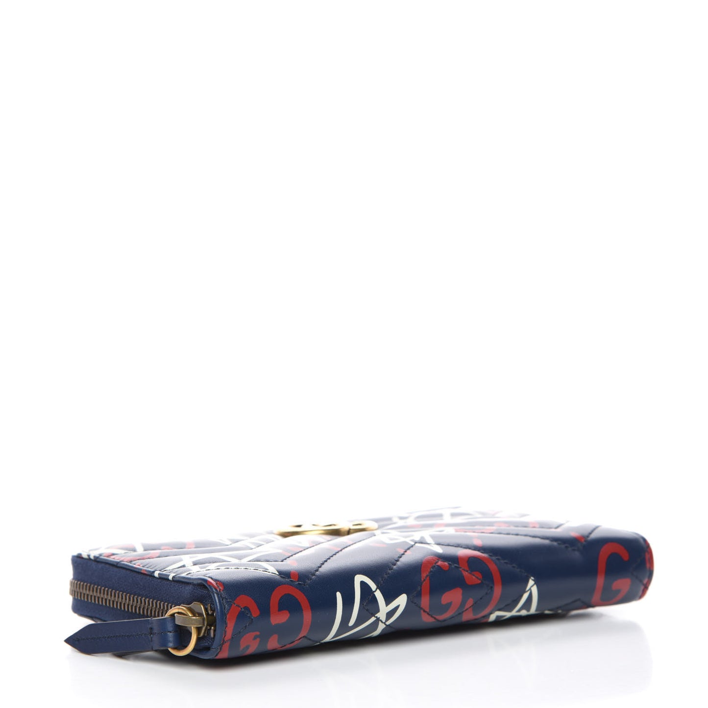 Calfskin Matelasse GucciGhost GG Marmont Zip Around Wallet Blue Agata Hibiscus Red