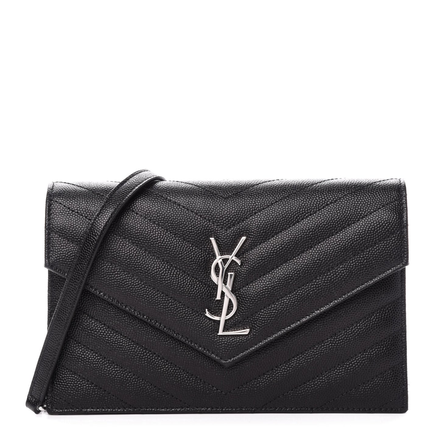 Grain De Poudre Matelasse Chevron Monogram Envelope Chain Wallet Black