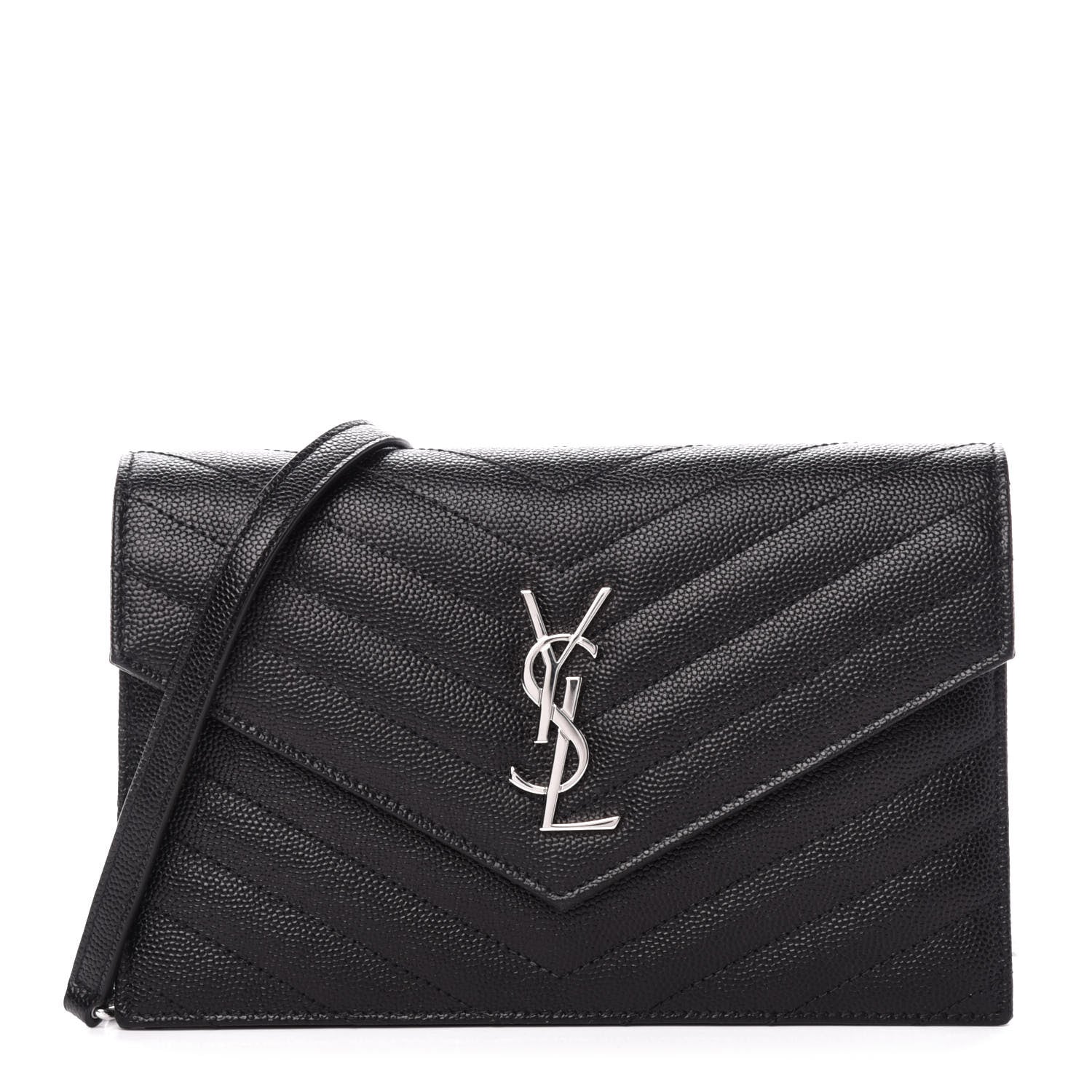 Saint Laurent Grain De Poudre Matelasse Chevron Monogram Envelope Chain Wallet Black 1 of 9