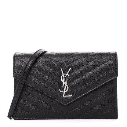 Saint Laurent Grain De Poudre Matelasse Chevron Monogram Envelope Chain Wallet Black 1 of 9