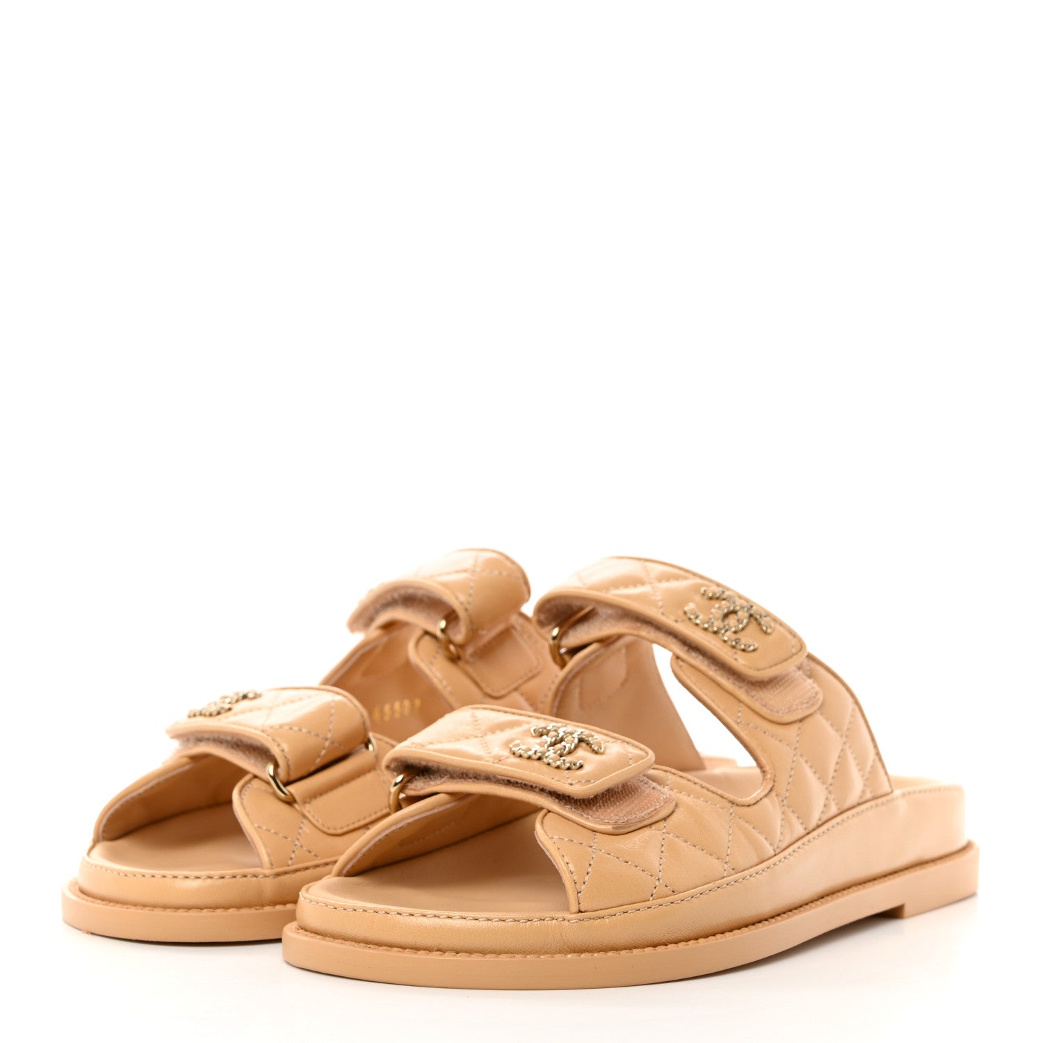 Chanel Lambskin Quilted Velcro Dad Chain CC Slide Sandals 36 Beige 3 of 9