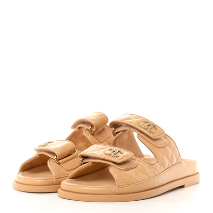Chanel Lambskin Quilted Velcro Dad Chain CC Slide Sandals 36 Beige 3 of 9