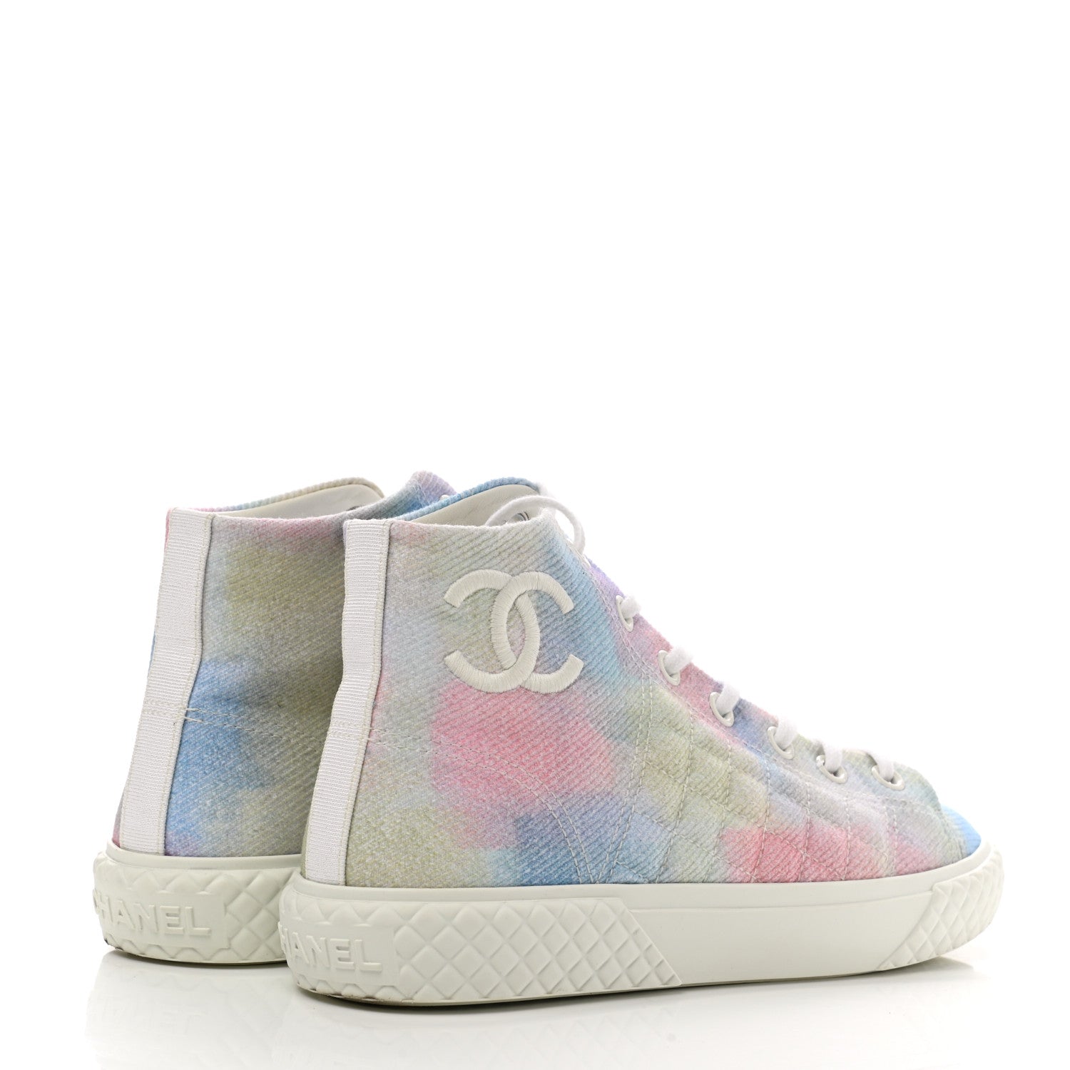 Chanel Printed Fabric High Top CC Sneakers 39 Green Pink Blue White 4 of 9