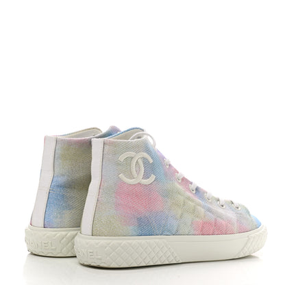 Chanel Printed Fabric High Top CC Sneakers 39 Green Pink Blue White 4 of 9
